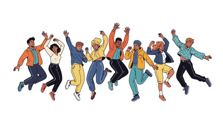 Joyful Group of Diverse Friends Jumping in Celebration, Embracing Unity and Happiness Together
