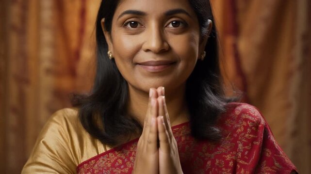 Portrait of a graceful Indian woman in a traditional sari offering a respectful welcome with the Namaste gesture, a symbol of cultural hospitality