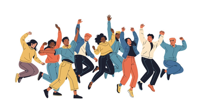 Diverse Group of Joyful People Jumping with Arms Raised in Celebration and Happiness