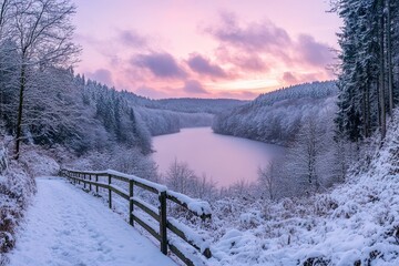 Beautiful winter landscape with snow-covered trees and a lake at sunset