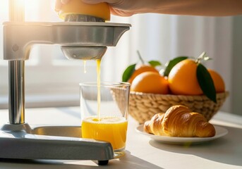Hand squeezing fresh orange juice into a glass with a manual juicer. Healthy breakfast scene with oranges and croissants in morning sun.