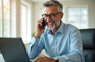 Smiling mature man in glasses talks on phone near laptop. He works at desk, looking happy. Professional adult works from home office. Online communication and business call.