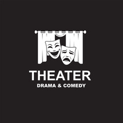 icon of comedy and tragedy theatrical masks with curtains isolated on black background