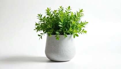Small green plant grows in grey concrete pot. Decorative houseplant stands against light white backdrop. Indoor garden object adds calm zen vibe. Home decor eco item isolated.