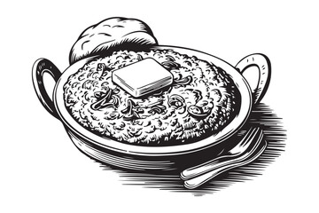 Hearty bowl of grits with butter and biscuit illustration