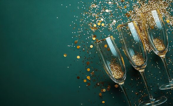 Champagne glasses with golden glitter and confetti on a green background, a banner for a celebration or party