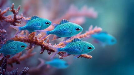 Vibrant Blue Fish Swimming Among Colorful Coral Reef Underwater.