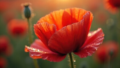 Macro shot shows red poppy flower blooms in sunlit field. Dew drops on petals glisten in morning light. Floral botanical garden scene. Freshness and new beginning concept. Spring blossom in park.
