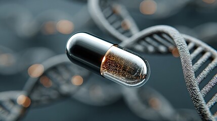 Transparent capsule containing glowing particles is moving past a blurry dna double helix strand, representing advanced gene therapy and pharmaceutical breakthroughs in biotechnology
