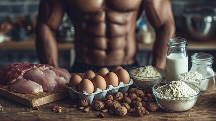 Muscular man with defined abs and arms stands behind a table of protein rich foodsraw chicken, beef, eggs, nuts and protein powderpromoting fitness, balanced diet and healthy meal prep
