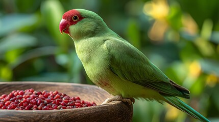 Vibrant Green Parrot with Red Head Perched by a Bowl of Red Seeds.
