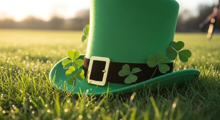 Green leprechaun hat with shamrocks on grass