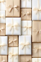Elegant gift boxes with ribbons in neutral tones, vertical holiday background, postcard concept