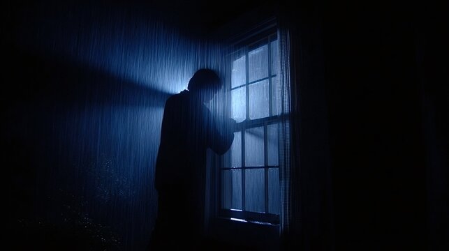 Man's silhouette stands in a dark room, gazing through a rain streaked window as blue light and heavy downpour create a moody, lonely, contemplative night scene