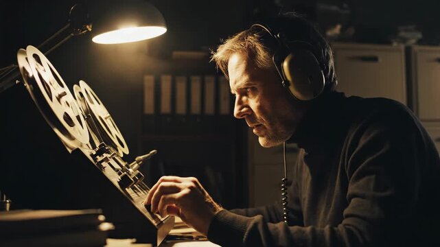 focused caucasian secret fbi agent or spy listening to wiretap on reel-to-reel tape recorder. retro espionage concept in dark room. surveillance and investigation. crime drama, documentary.