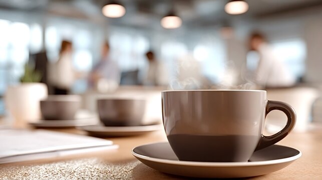 Hot coffee cups on a conference table providing a refreshing break for blurred businesspeople collaborating in an office while planning and discussing corporate strategies - Powered by Adobe