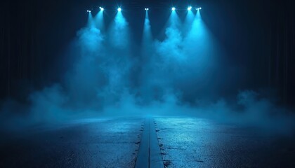 Empty concert stage with blue spotlights and smoke effects. Dark background with wet asphalt floor, perfect for event announcements or music promos.