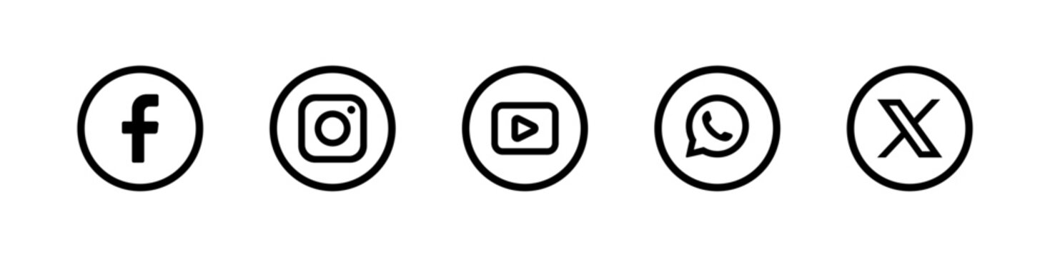 Social media icon set, outlined round logo symbols, Facebook, twitter, instagram, youtube, whatsapp, X, Social media, vector illustration.