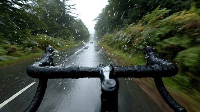 Cyclist riding a bike on a rural wet road during a rainstorm, with water splashing on the handlebars and motion blur indicating speed, captured from a first person perspective