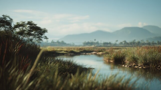 Serene river landscape with mountain backdrop for nature and tranquility