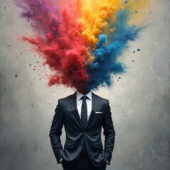 Stylish businessman in suit with colorful burst explosion replacing head. Creative mind concept. Bright colors, innovative business approach. Modern graphic design. Business idea innovation vision