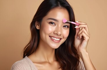 Fototapeta premium Smiling woman uses pink brush for eyebrow grooming. Young asian female daily beauty routine. Lady enjoys facial care, wellness, makes everyday face treatment. Girl smiles cheerfully against plain