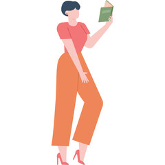 Woman Wearing Orange Pants and Pink Shirt Reading a Green Book While Standing on Red Heels Isolated on Transparent Background