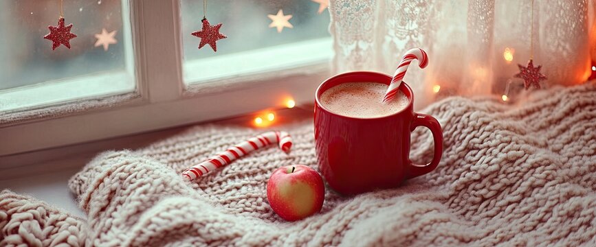 Cozy winter composition with a red mug of hot cocoa, a candy cane, and a small apple on a knitted blanket by the window - Powered by Adobe