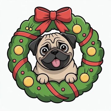 pug and christmas wreath illustration 