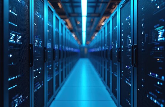 Rows of servers with blue lights create a digital data center hallway. Computer racks hold IT equipment in a high tech facility. Network hardware glows in a modern server room.