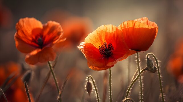 Vibrant Red Poppies Swaying Gently in a Sunlit Field at Golden Hour.