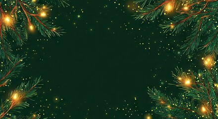 Magical Christmas frame with lush green pine branches, sparkling golden fairy lights