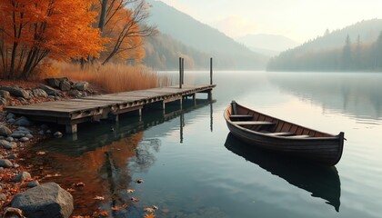 Autumn lake scene with boat near a wooden pier. Calm water reflects fall foliage creating serene atmosphere. Scenic view with tranquil vibes of nature landscape. Peaceful, scenic, relaxing.