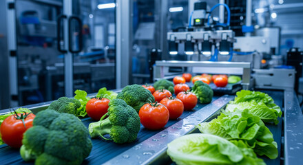 Automated food processing factory line with fresh vegetables on conveyor belt washing and sorting broccoli and tomatoes