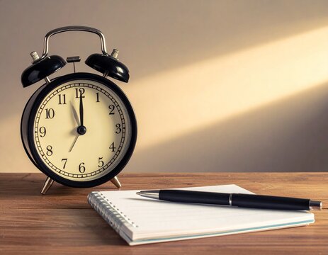 Alarm Clock and Notepad on Wooden Desk, Time Management Concept - Powered by Adobe