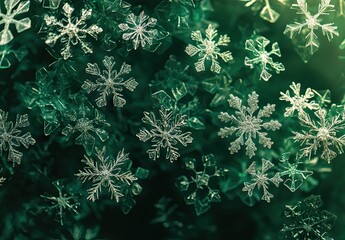 Green background with snowflakes and stars, Christmas decoration, green color palette
