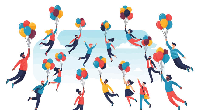 A joyful community of diverse people floating upward together with colorful balloons, symbolizing collective success, freedom, and shared aspirations