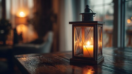 Warm Glow of a Candle Lantern on a Wooden Table Indoors.