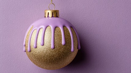 Gold and Purple Dripping Christmas Ornament on Purple Background