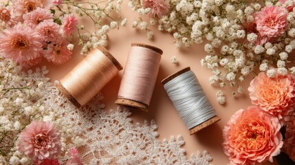 Spools of Thread Surrounded by Beautiful Flowers