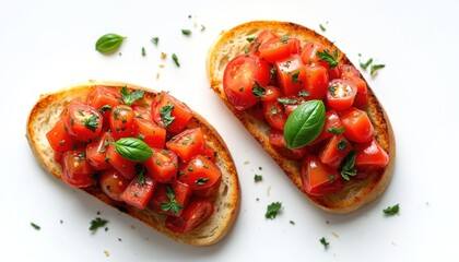 Two slices of toasted bread topped with diced tomatoes and fresh basil leaves. Served on a white background with light studio illumination, perfect for culinary or food advertising needs.