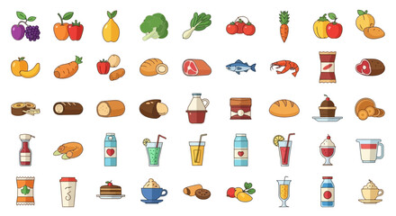 Diverse flat design vector icons food, drinks, and ingredients for digital menus, nutrition apps, and culinary web projects, promoting healthy eating and grocery themes
