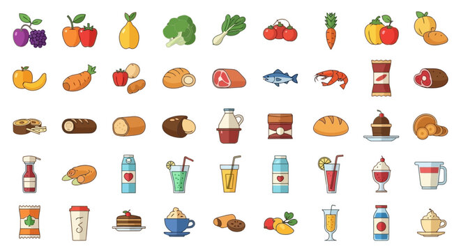 Diverse flat design vector icons food, drinks, and ingredients for digital menus, nutrition apps, and culinary web projects, promoting healthy eating and grocery themes