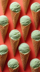 Green Mint Ice Cream Scoops in Waffle Cones on Coral Background