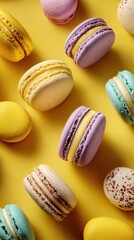 Colorful Macarons on Bright Yellow Background