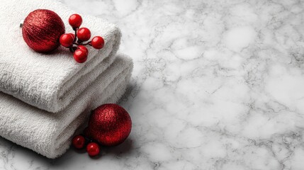 Red Holiday Ornaments on Soft White Towels