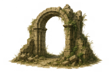 Ancient stone archway ruins with overgrown vines, symbolizing decay, history, and forgotten fantasy architecture on transparent background
