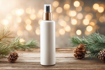 Elegant White Spray Bottle Surrounded by Holiday Decorations