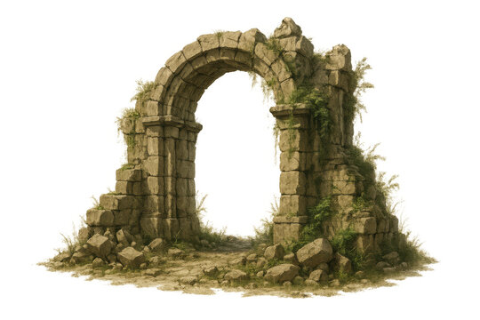 Ancient stone archway ruins with overgrown vines, symbolizing decay, history, and forgotten fantasy architecture on transparent background - Powered by Adobe