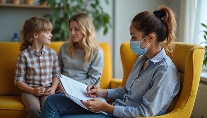 Social worker in mask visits family at home. Mom, child talk with inspector, completes questionnaire on yellow couch. Adoption service provides protection during pandemic second wave. Family